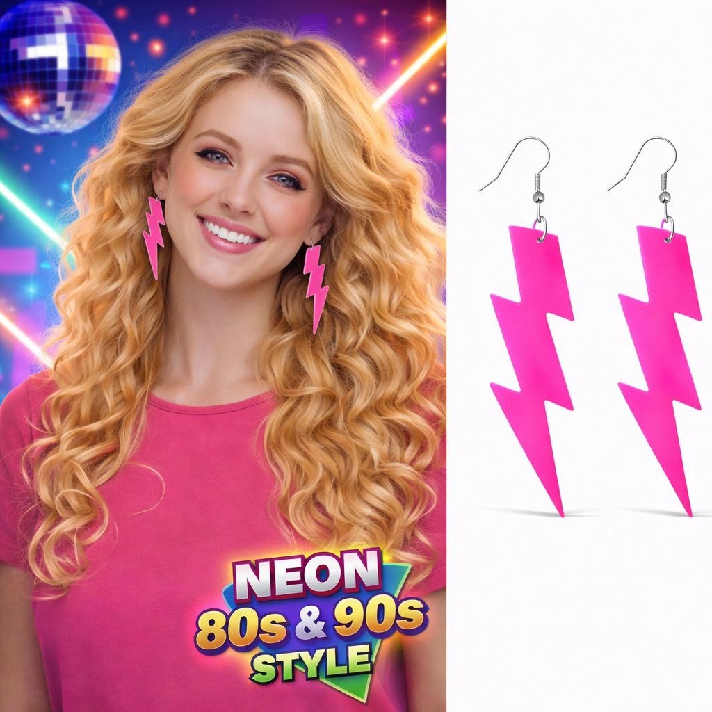 80’ler 90'lar Retro Neon Pembe Şimşek Küpe 10 cm (5293)