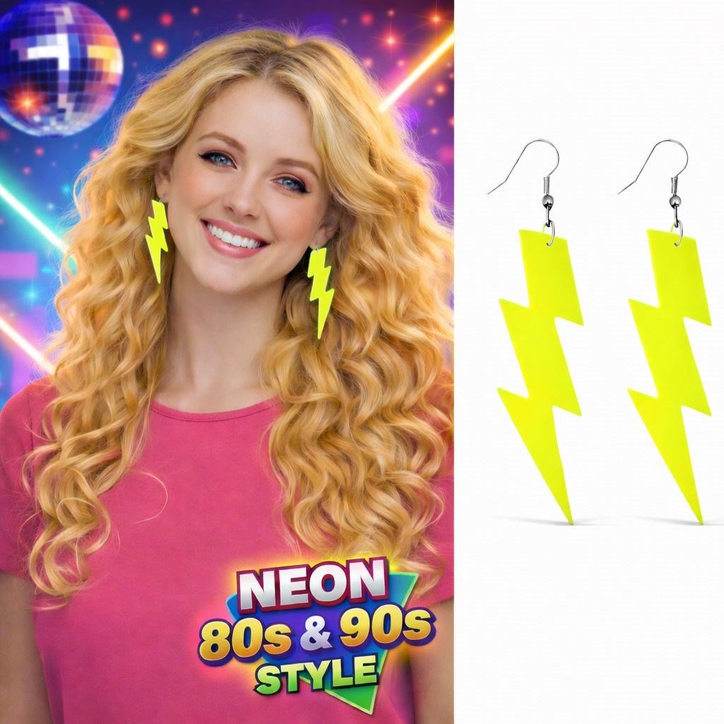 80’ler 90'lar Retro Neon Sarı Şimşek Küpe 10 cm (5293)