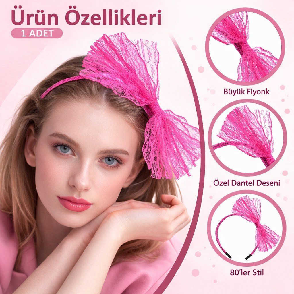 80’ler 90’lar Neon Pembe Dantel Taç Fiyonklu (5293)
