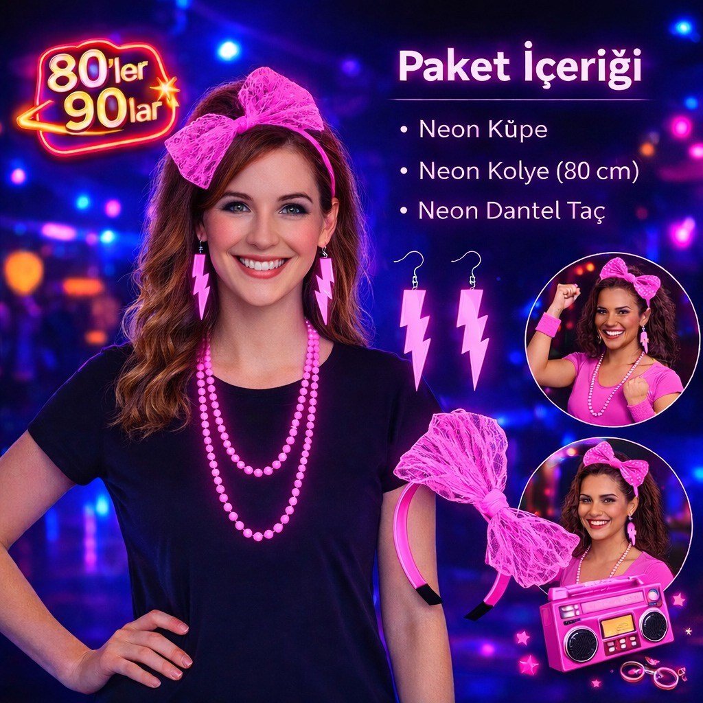 80’ler 90’lar Neon Pembe Parti Seti – Kolye Küpe Taç (5293)