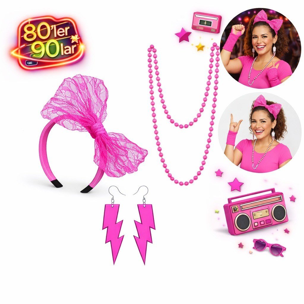 80’ler 90’lar Neon Pembe Parti Seti – Kolye Küpe Taç (5293)