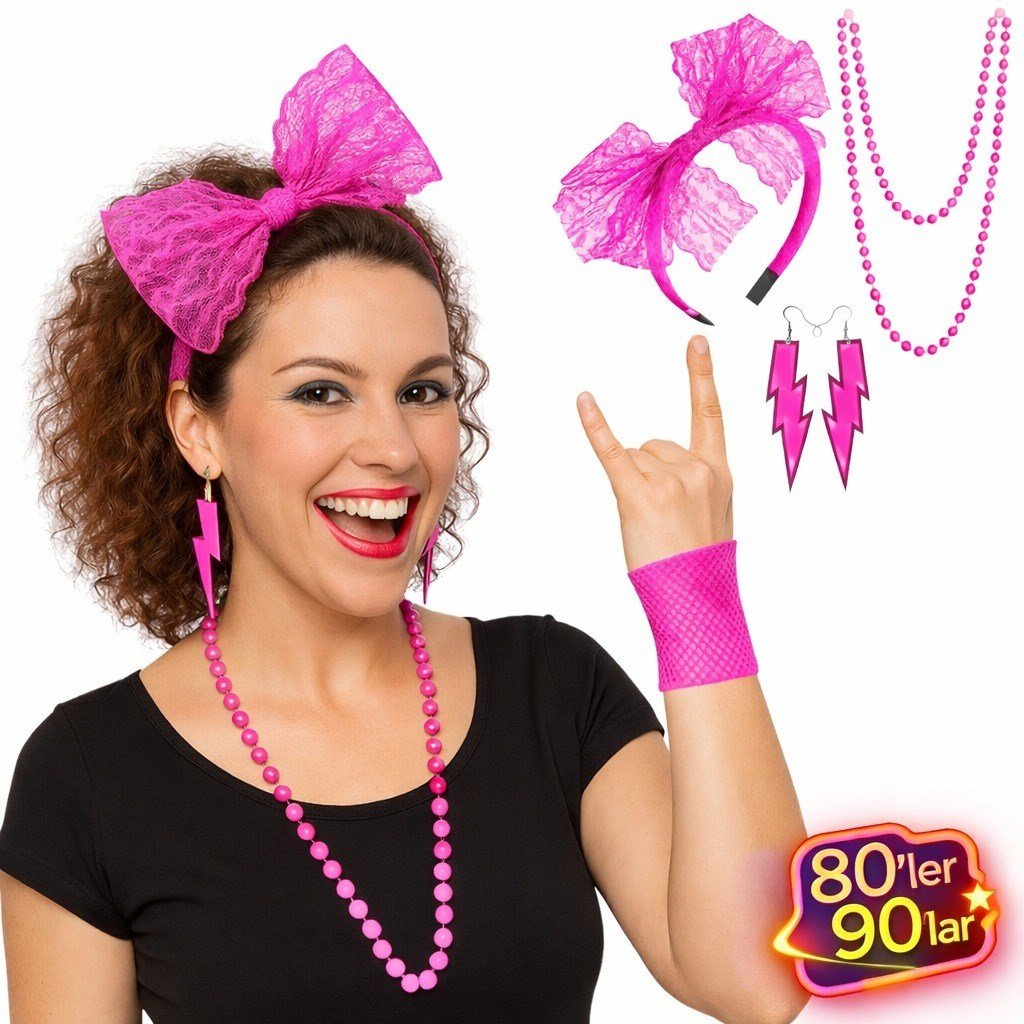 80’ler 90’lar Neon Pembe Parti Seti – Kolye Küpe Taç (5293)