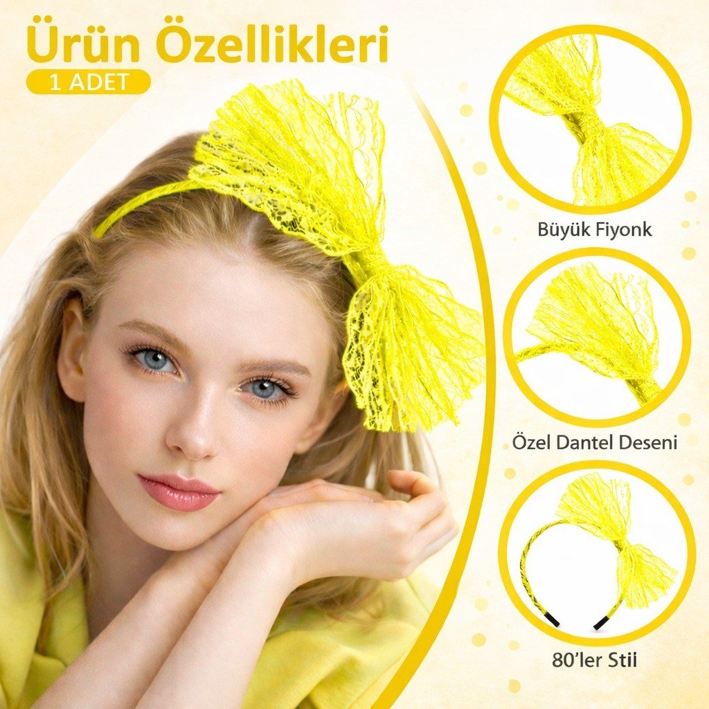 80’ler 90’lar Neon Sarı Dantel Taç Fiyonklu (5293)