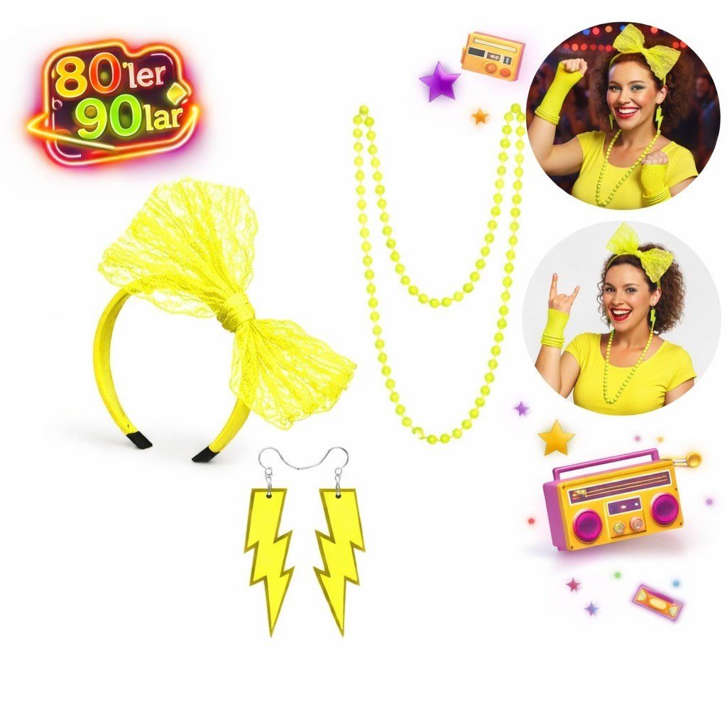 80’ler 90’lar Neon Sarı Parti Seti – Kolye Küpe Taç (5293)