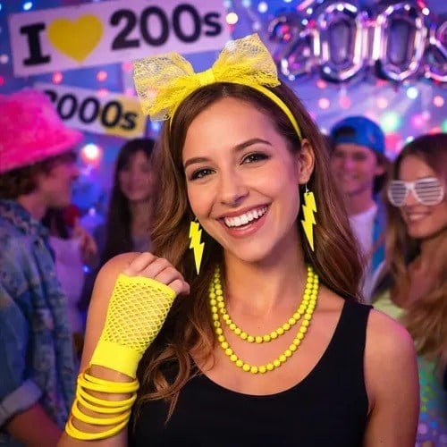 80’ler 90’lar Neon Sarı Parti Seti – Kolye Küpe Taç (5293)
