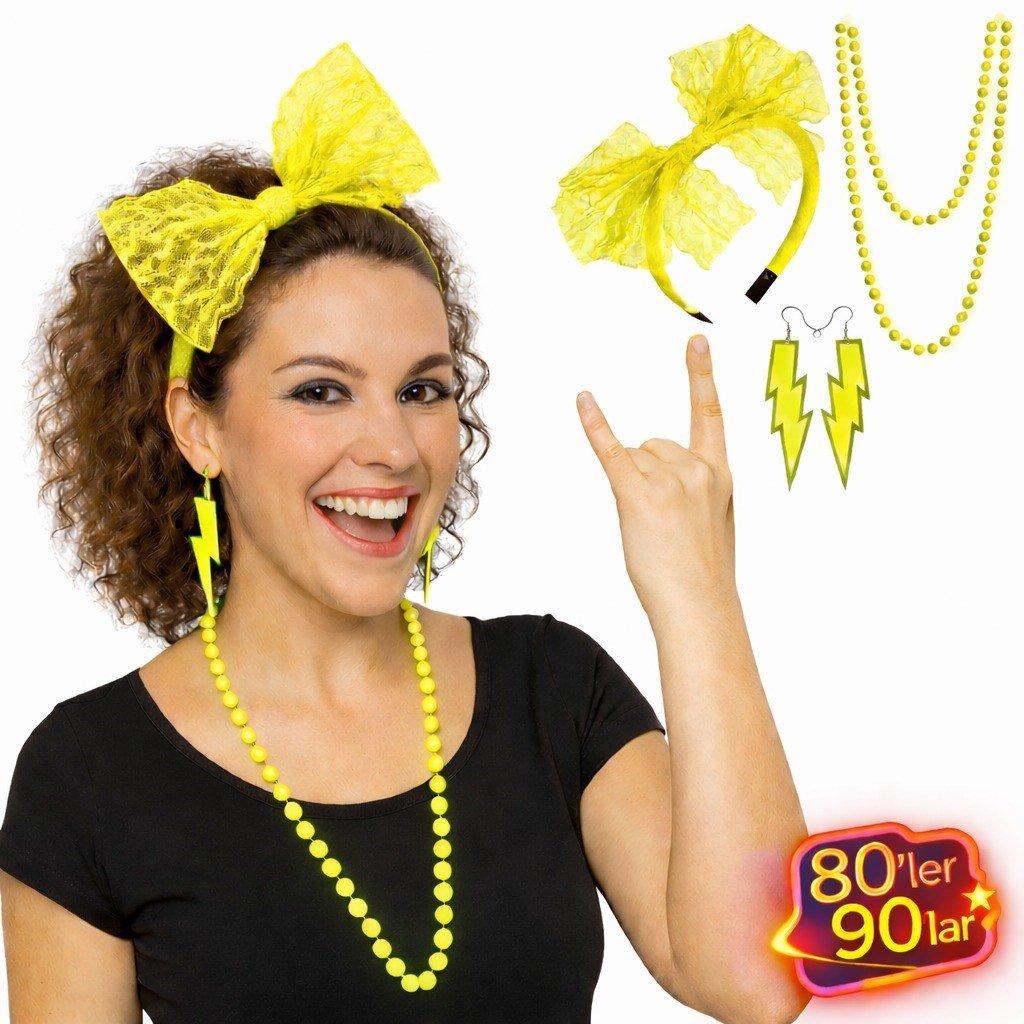 80’ler 90’lar Neon Sarı Parti Seti – Kolye Küpe Taç (5293)
