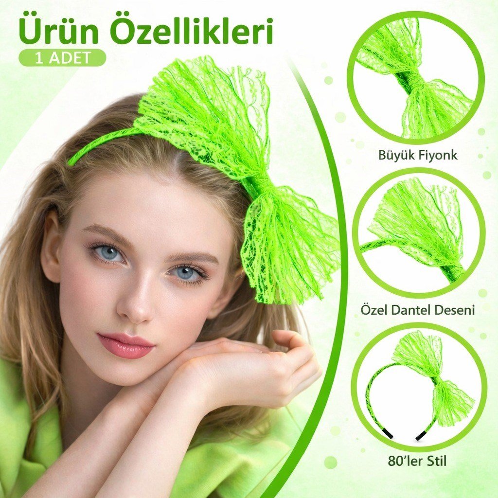 80’ler 90’lar Neon Yeşil Dantel Taç Fiyonklu (5293)
