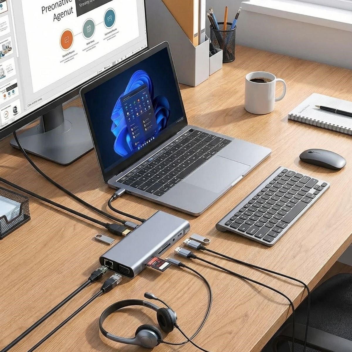 8in1 Type-C Çoklayıcı Hub HDMI 4K USB 3.0 SD TF Kart RJ45 Ethernet Dönüştürücü Adaptör (5293)