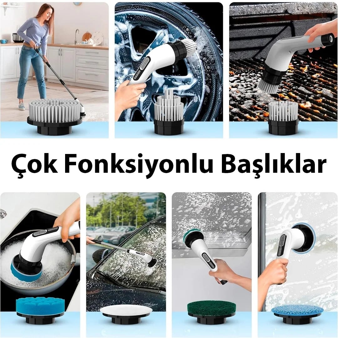 9'u 1 Arada Çok Amaçlı Kablosuz Şarjlı Temizlik Fırçası IP67 Yıkanabilir Başlık (5293)