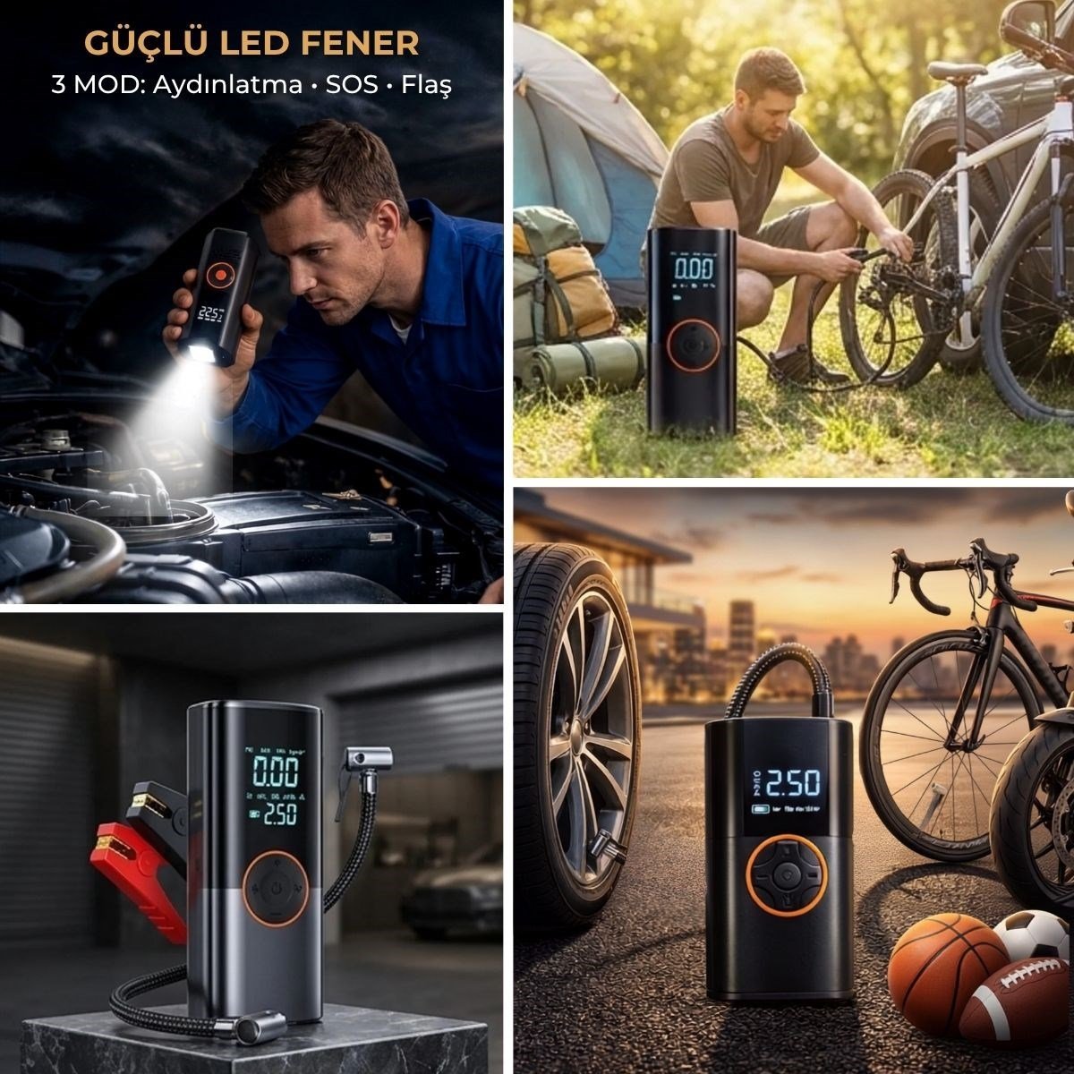 Akü Takviye Cihazı ve Lastik Şişirme Pompası – Powerbank Özellikli, Dijital Ekranlı SOS Fenerli Taşınabilir Kompresör (5293)