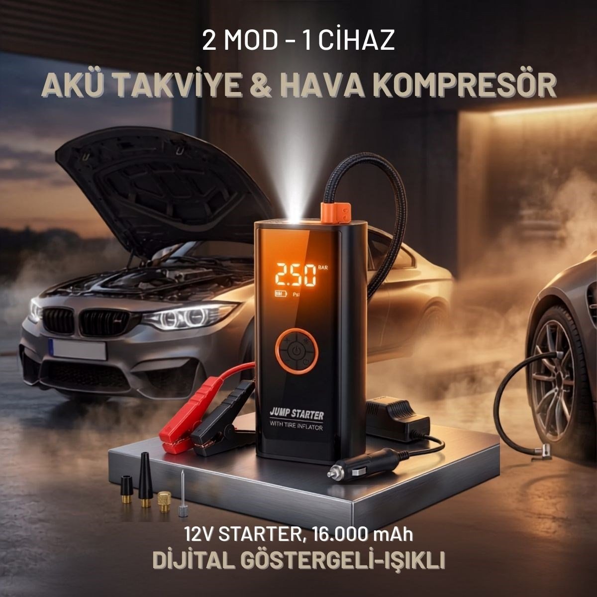 Akü Takviye Cihazı ve Lastik Şişirme Pompası – Powerbank Özellikli, Dijital Ekranlı SOS Fenerli Taşınabilir Kompresör (5293)