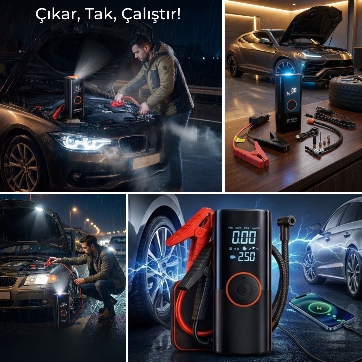 Akü Takviye Cihazı ve Lastik Şişirme Pompası – Powerbank Özellikli, Dijital Ekranlı SOS Fenerli Taşınabilir Kompresör (5293)
