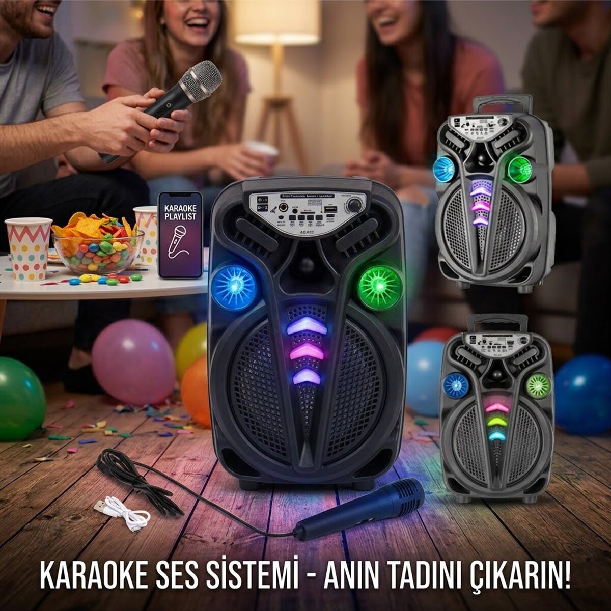 AO-835-832 KARAOKE MİKROFONLU WİRELESS HOPARLÖR - SPEAKER IŞIKLI USB ŞARJLI DC 5V - TF - AUX 8 INC INCH PL-4681 (5293)