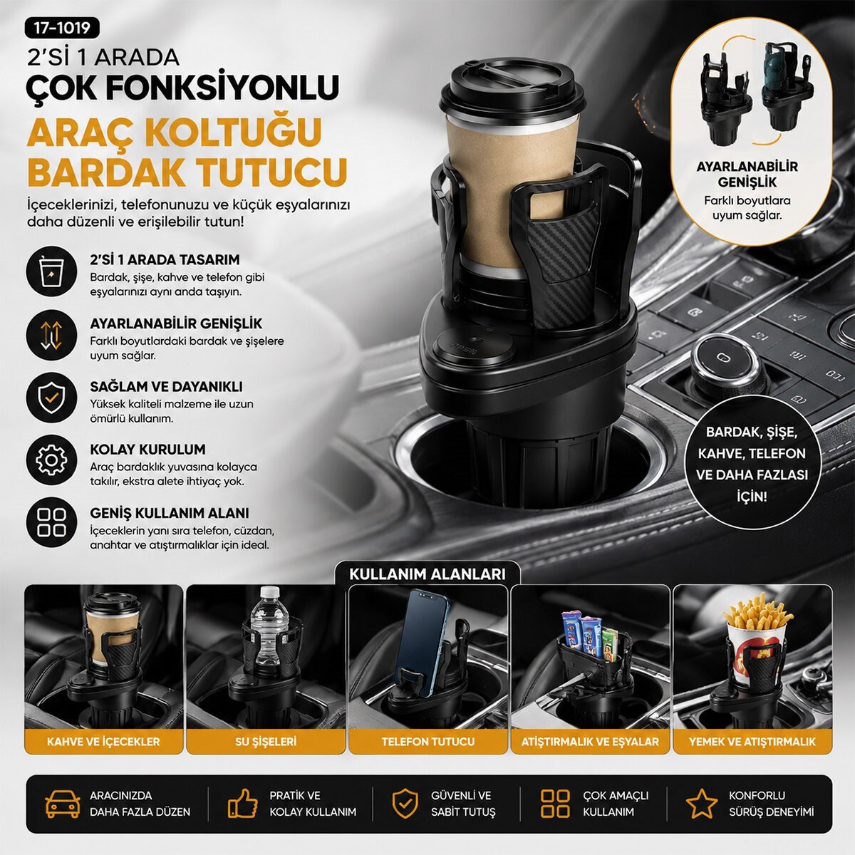 ARAÇ İÇİ ÇOK FONKSİYONLU BARDAK TUTUCU - 2 BÖLMELİ 360° DÖNEBİLEN - GENİŞLEYEBİLİR ÜST HAZNE - STAND CWS-003 (5293)