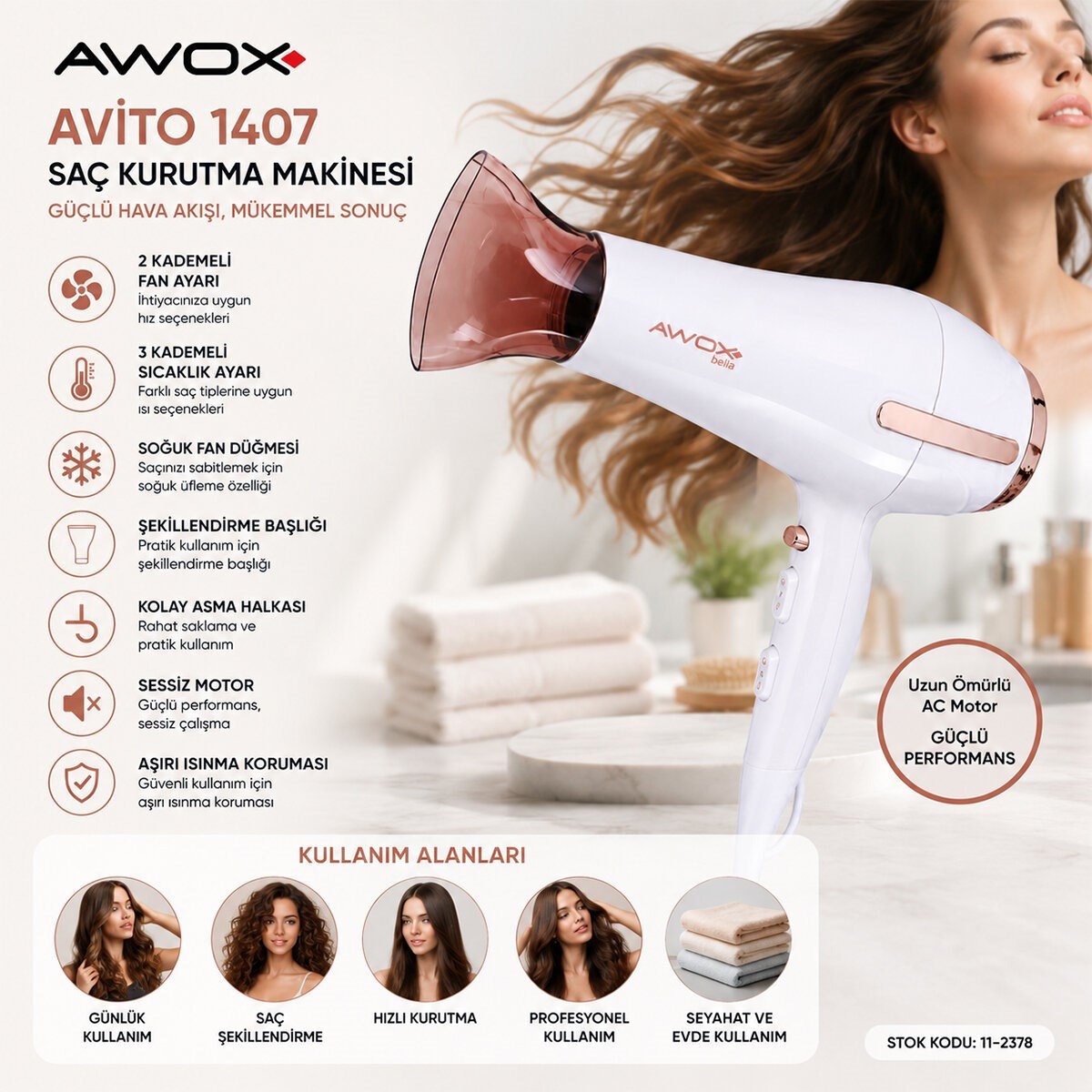 BEYAZ AVİTO SAÇ KURUTMA MAKİNESİ 2200W 1407 (5293)