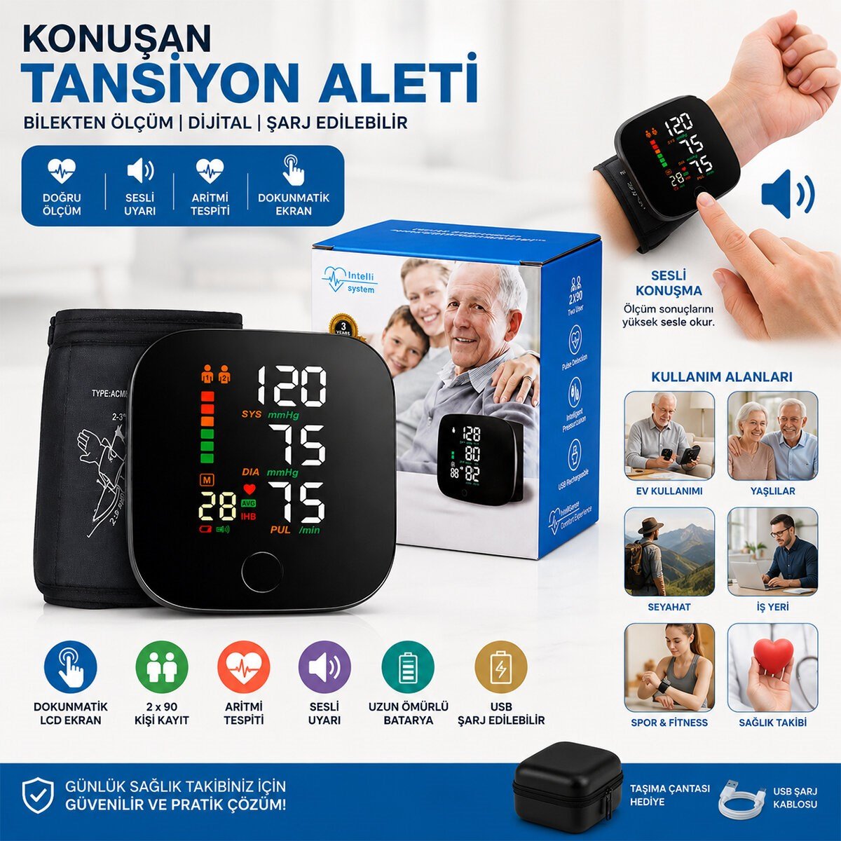 BİLEK ÖLÇÜM 7X8.3CM USB SARJLI - DİJİTAL KONUŞAN TANSİYON ALETİ BK-606 (5293)
