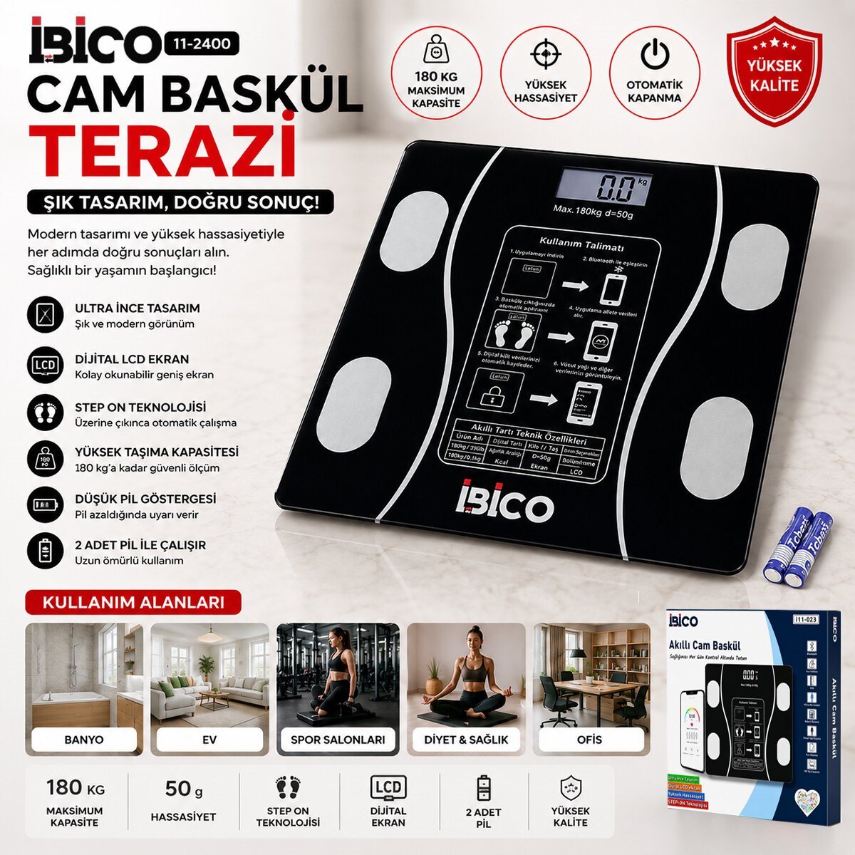 BLUETOOTH - VÜCUT ANALİZLİ DİJİTAL BASKÜL TERAZİ TARTI 180KG/50G YAĞ - SU - KAS ORAN - BMI İ11-023 (5293)