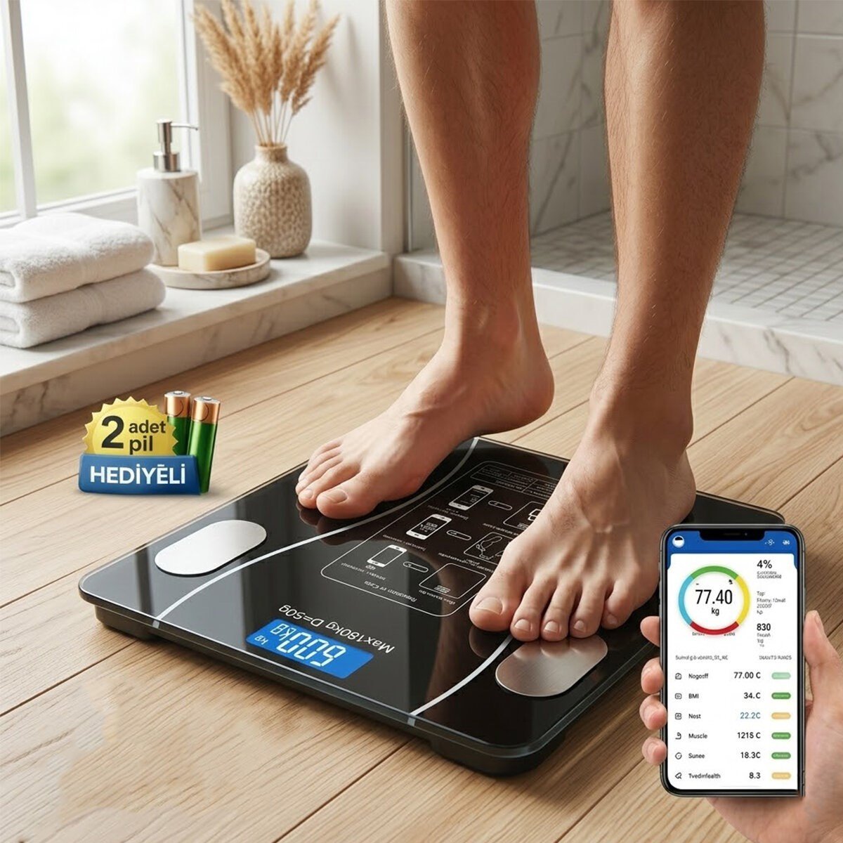 BLUETOOTH - VÜCUT ANALİZLİ DİJİTAL BASKÜL TERAZİ TARTI 180KG/50G YAĞ -SU -KAS ORAN -BMI (5293)