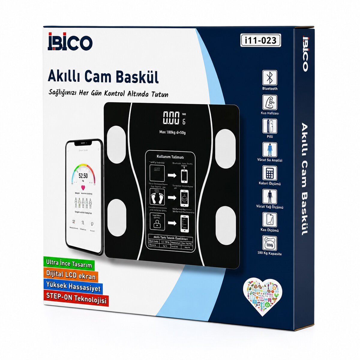 BLUETOOTH - VÜCUT ANALİZLİ DİJİTAL BASKÜL TERAZİ TARTI 180KG/50G YAĞ - SU - KAS ORAN - BMI İ11-023 (5293)