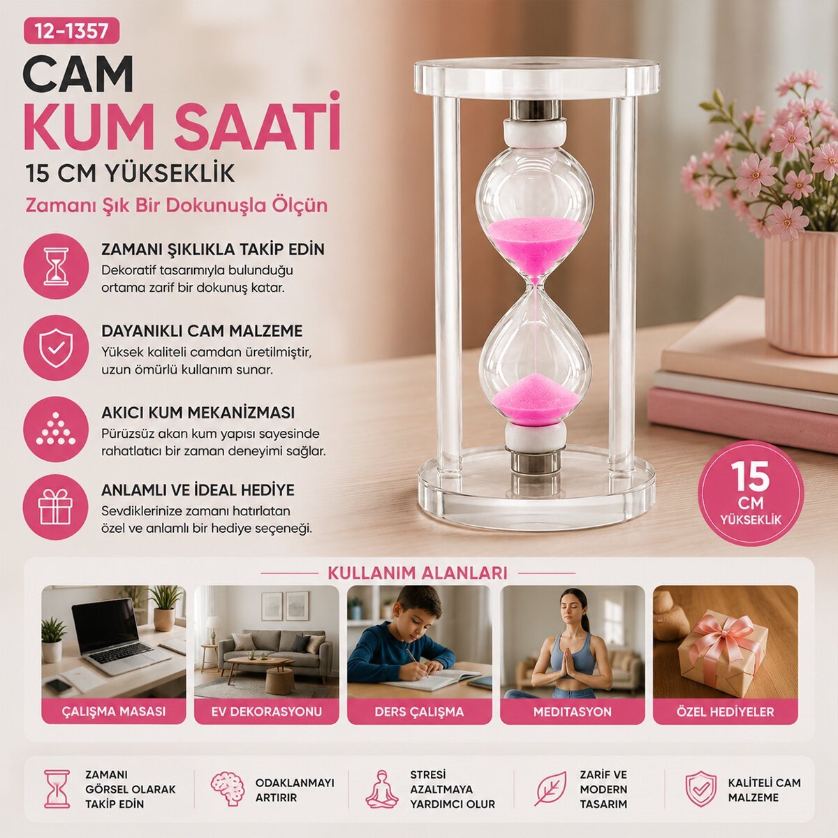 BÜYÜK CAM KUM SAATİ CAM STANDLI= ÇAP: 7.5CM-YÜKSEKLİK: 15CM (5293)