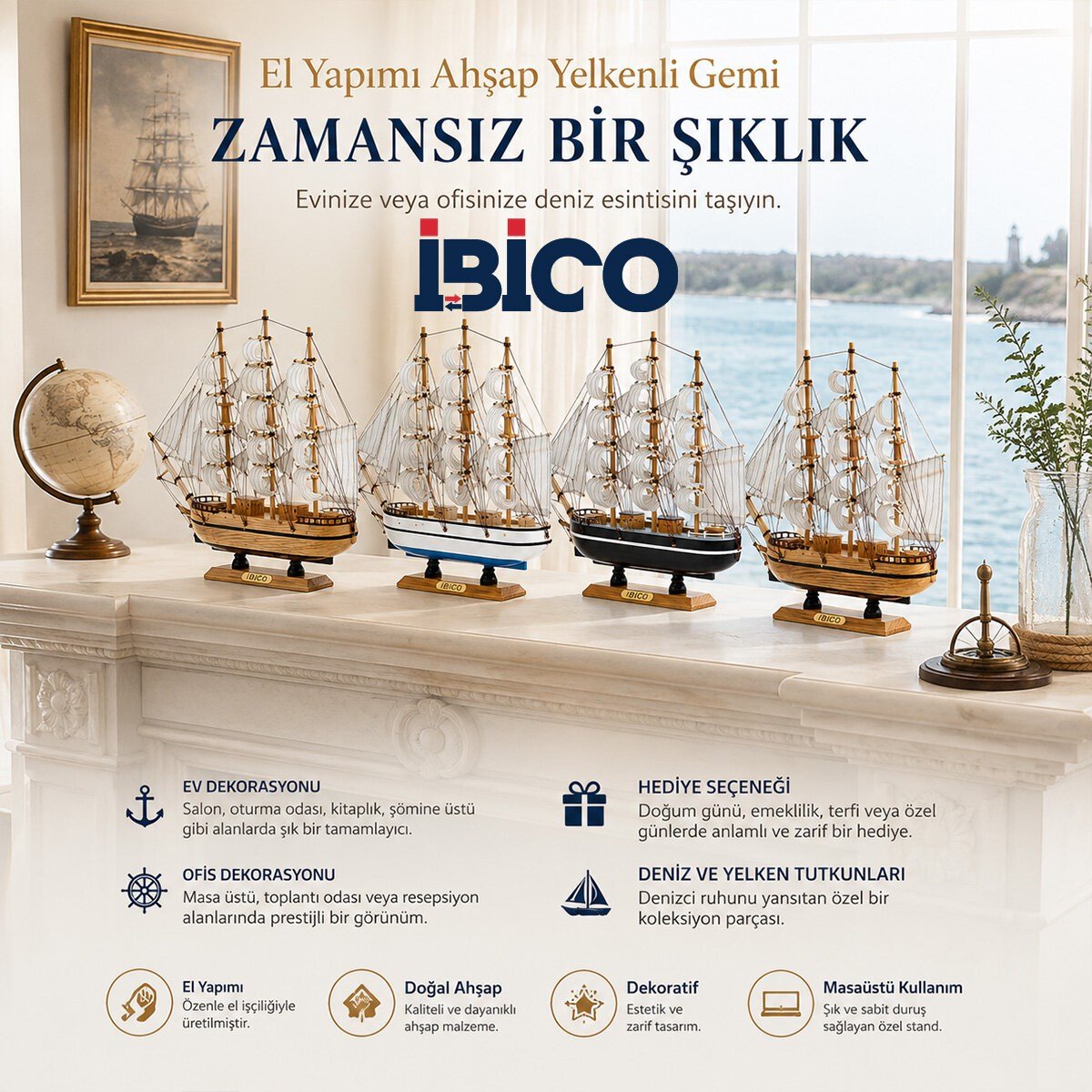 BÜYÜK UZUNLUK : 36CM - GENİŞLİK : 38.5CM MASAÜSTÜ DEKORATİF AHŞAP YELKENLİ GEMİ SÜS EŞYASI HERHANGİ BİR RENK GÖNDERİLİR (5293)