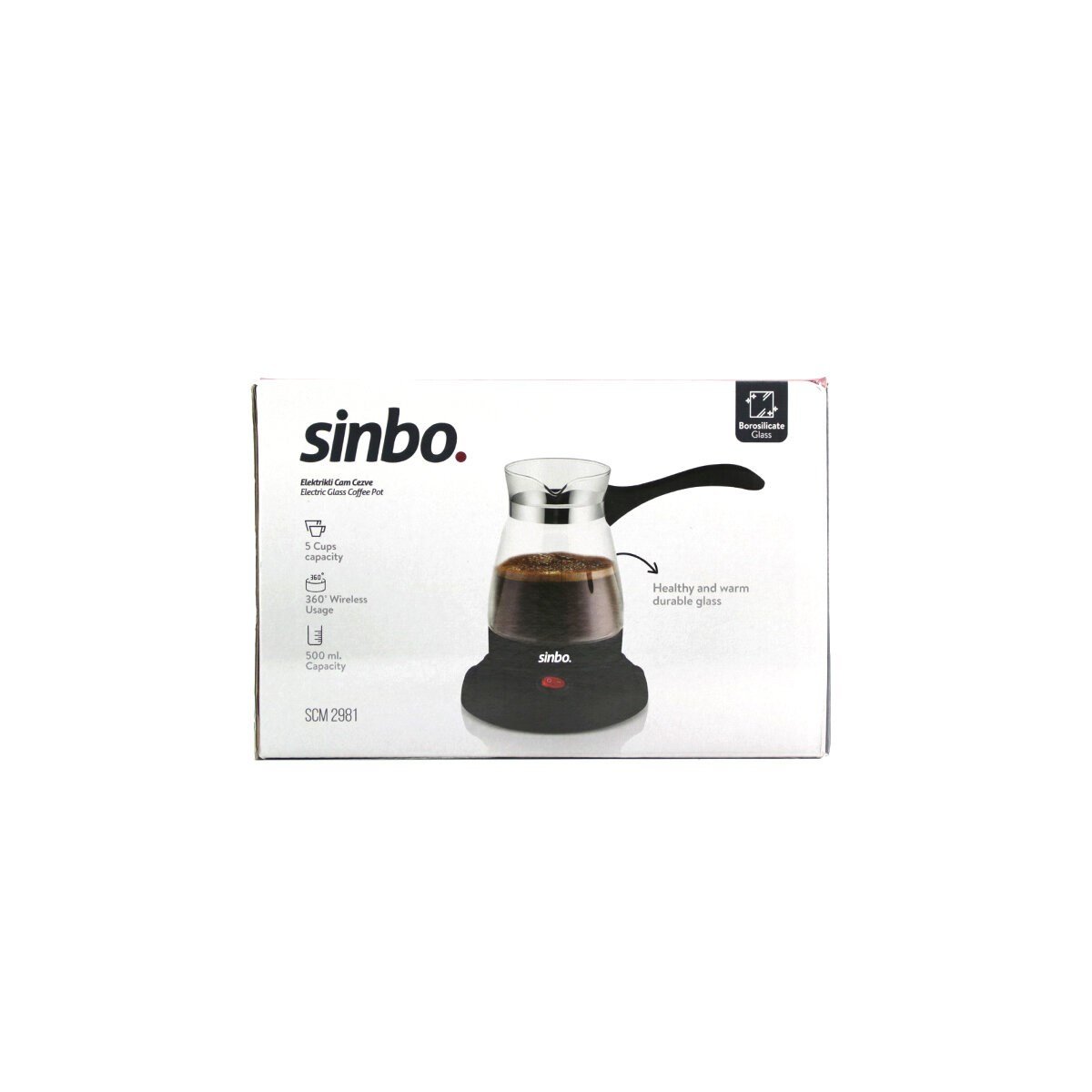 CAM ELEKTRİKLİ CEZVE TÜRK KAHVE MAKİNESİ - 5FİNCAN=500ML KABLOSUZ KULLANIM- 360°DÖNER 600W SCM-2981 (5293)
