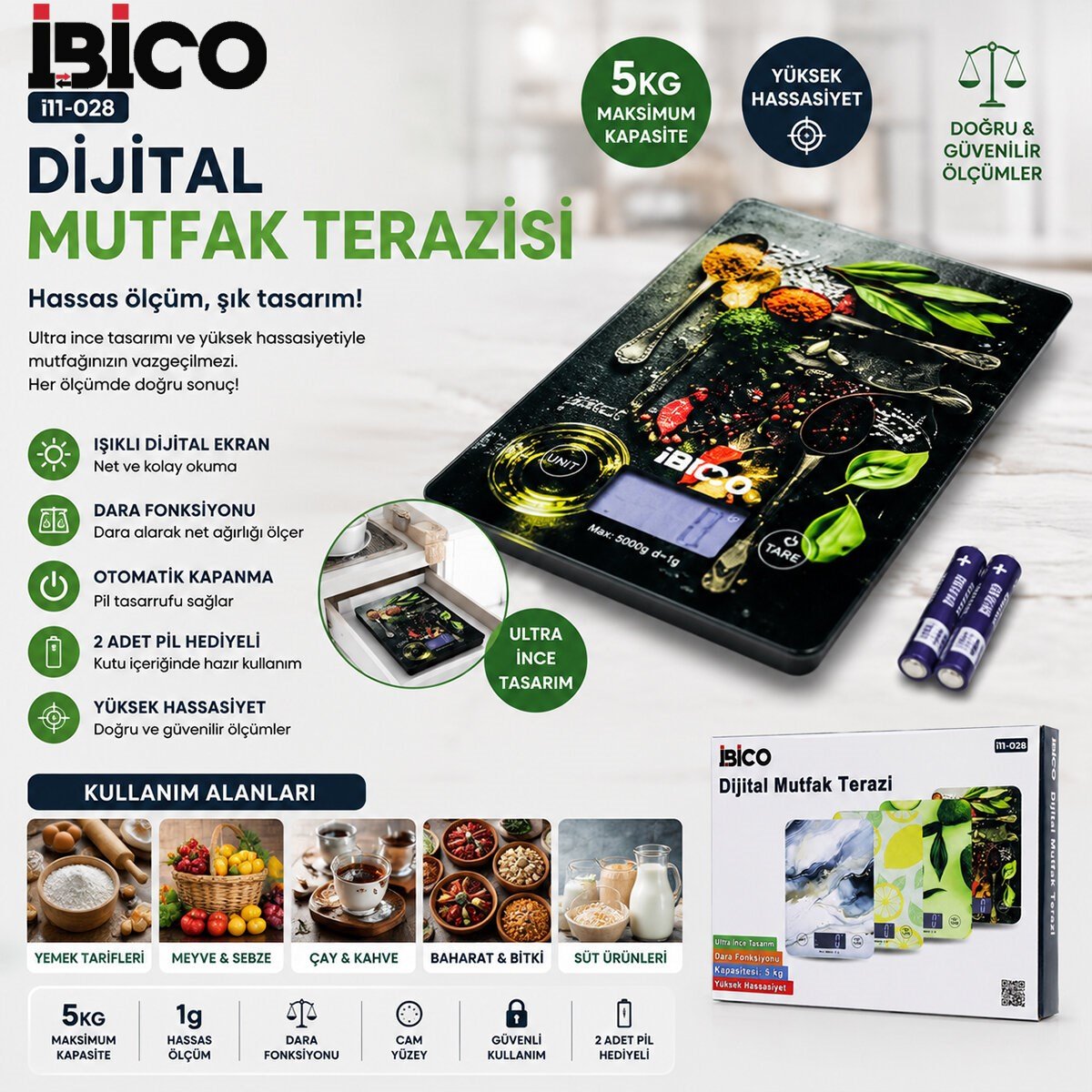 CAM MUTFAK TARTISI TERAZİ LCD EKRAN 5KG/1GR PİLLİ GR/OZ/ML/IB ÖLÇÜM İ11-028 (5293)