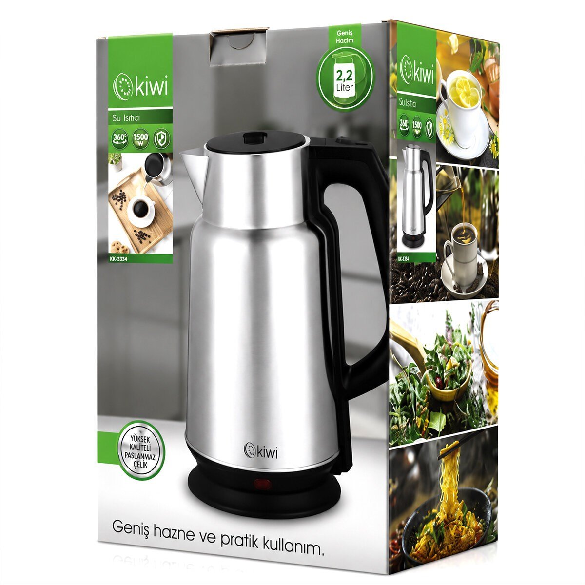 ÇELİK - SÜRAHİ MODEL KETTLE ELEKTRİKLİ SU ISITICISI PASLANMAZ ÇELİK GİZLİ REZİSTANS 360° 2.2LT 1500W KK-3334 (5293)