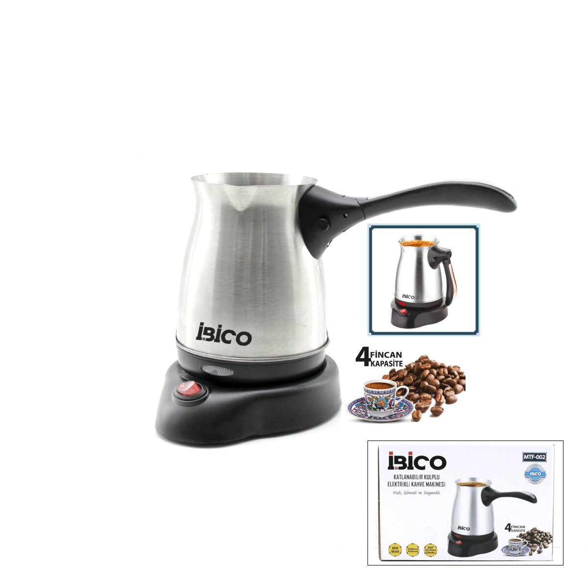 ÇELİK ELEKTRİKLİ CEZVE TÜRK KAHVE MAKİNESİ - 4FİNCAN=400ML KABLOSUZ KULLANIM- 360°DÖNER 600W MTF-002 (5293)