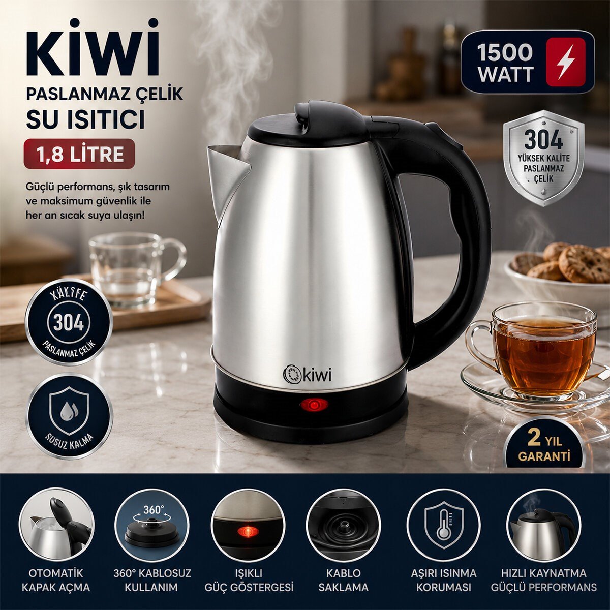 ÇELİK KETTLE ELEKTRİKLİ SU ISITICISI PASLANMAZ ÇELİK GİZLİ REZİSTANS 360° 1.8LT 1500W KK-3331 (5293)