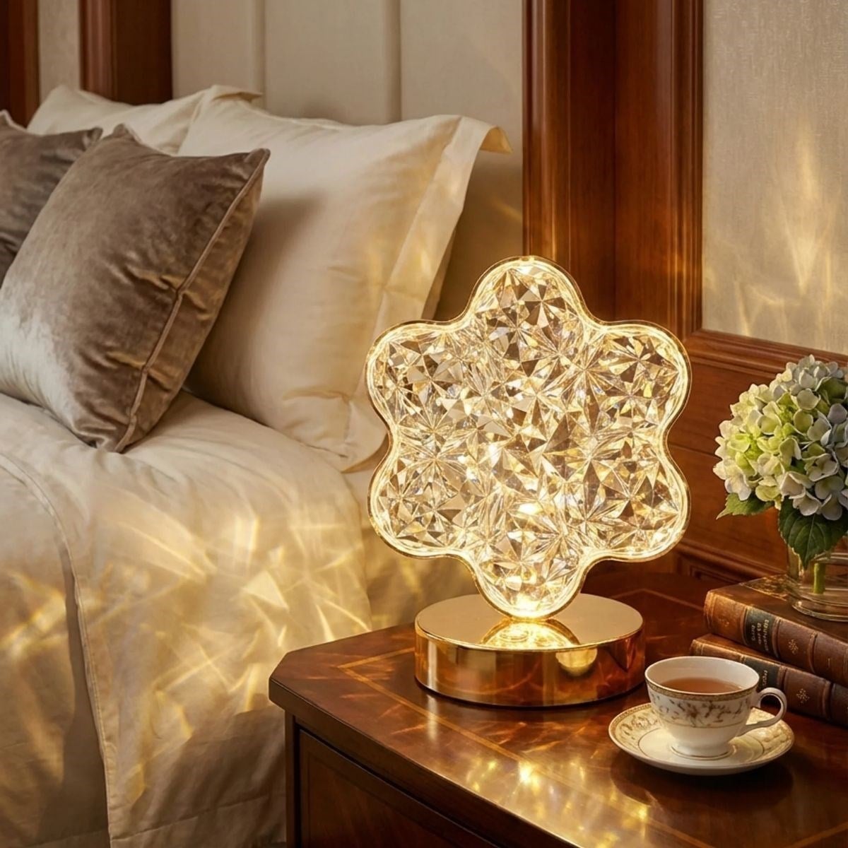 Çiçek Model Kristal LED Masa Lambası – Dokunmatik, 3 Renk Işık Modlu, Şarjlı Mini Dekoratif Gece Lambası (5293)