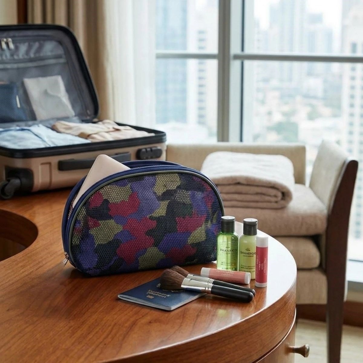 Çok Renkli Kamuflaj Makyaj Çantası – File Detaylı Seyahat Tipi Kozmetik Organizer El Çantası (5293)