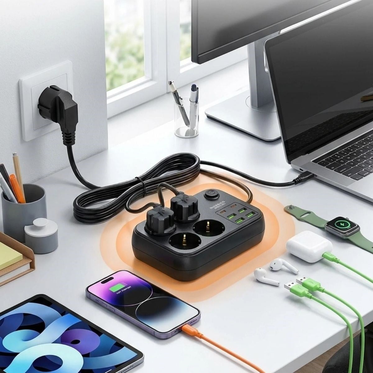 Çoklu Priz Uzatma Kablosu 4 Soket + 4 USB + 2 Type-C – Termal Akım Korumalı, Isıya Dayanıklı, Çocuk Korumalı Güvenli Priz 100-250V (5293)