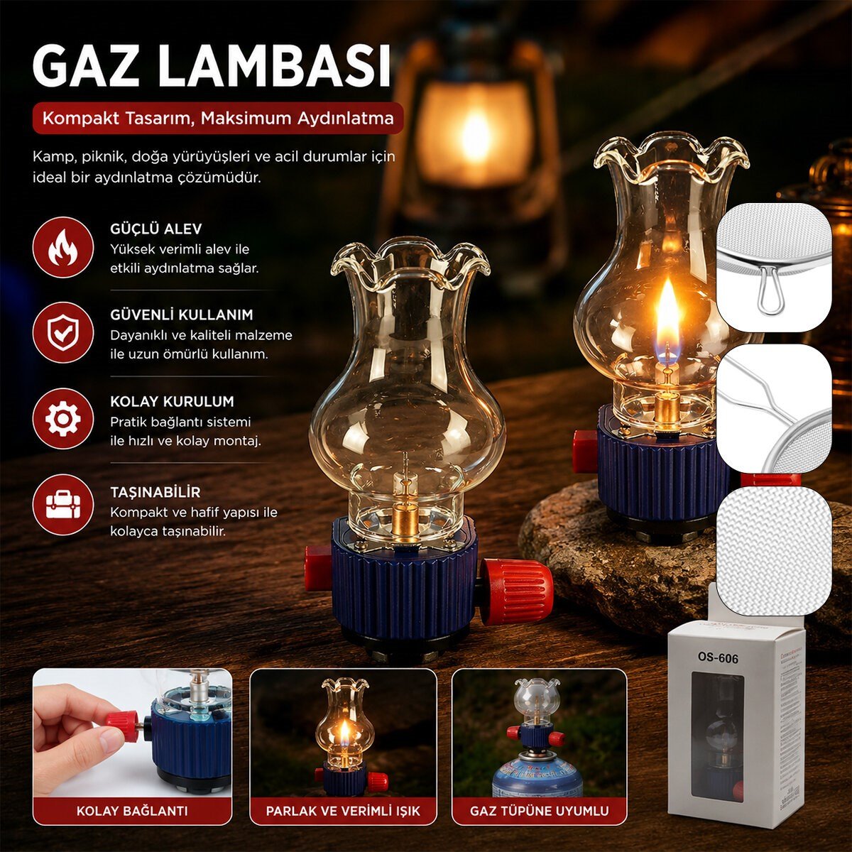 DEKORATİF GAZ LAMBASI GAZ KARTUŞ UYUMLU TAŞINABİLİR - CAM HAZNELİ ISIYA DAYANIKLI (5293)