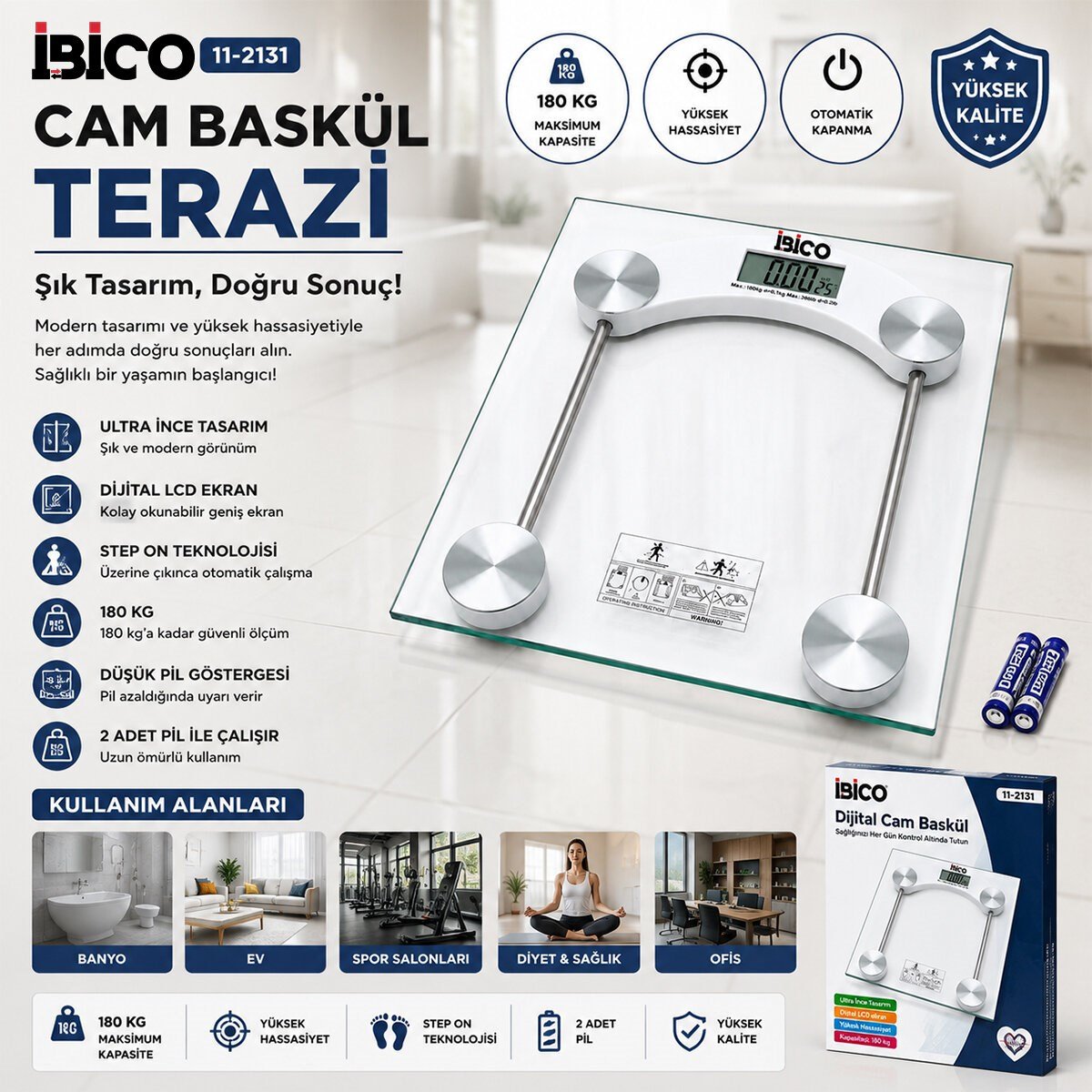 DİJİTAL - PİLLİ KARE BANYO BASKÜL TERAZİ TARTI LCD EKRAN 180KG/0.1G 30X30CM İ11-025 (5293)