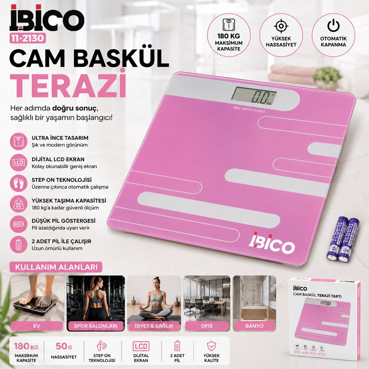 DİJİTAL - PİLLİ RENKLİ CAM BANYO BASKÜL TERAZİ TARTI LCD EKRAN 180KG/50GR 26X26CM İ11-024 (5293)