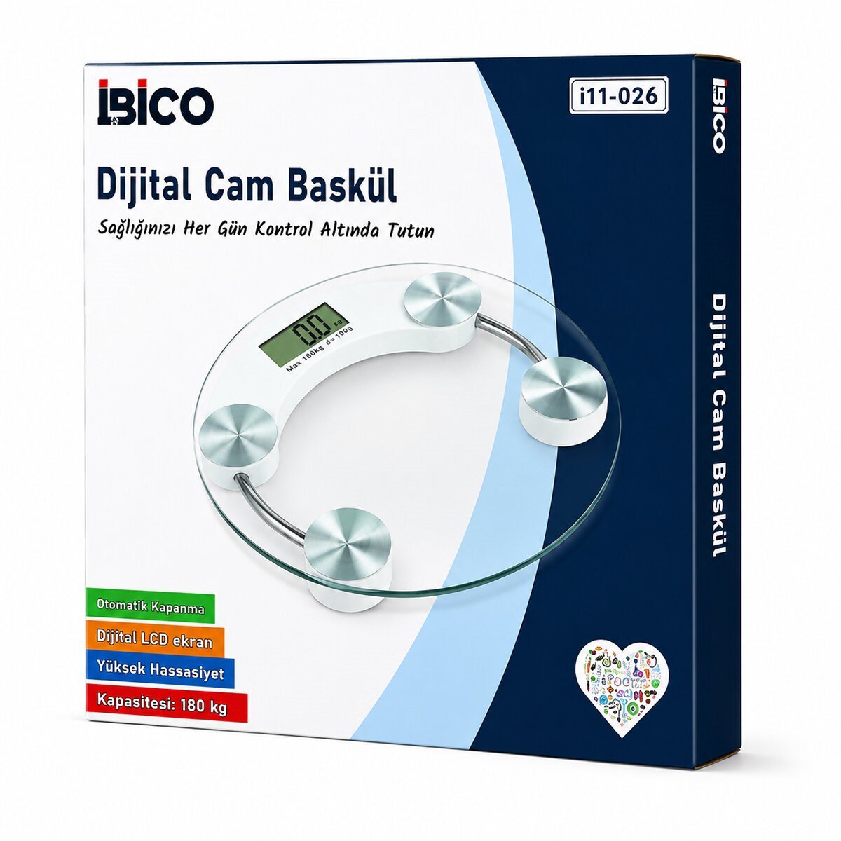 DİJİTAL - PİLLİ YUVARLAK BANYO BASKÜL TERAZİ TARTI LCD EKRAN 180KG/0.1G 30X30CM İ11-026 (5293)