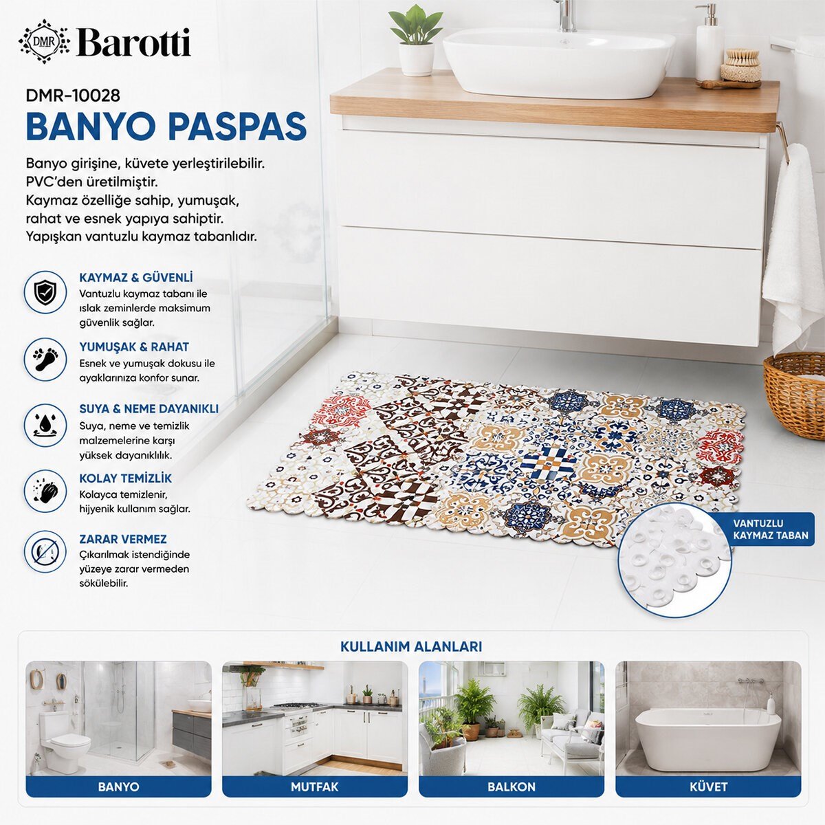 DİKDÖRTGEN DESENLİ 70 X 34 CM SU EMİCİ - SİHİRLİ KAYDIRMAZ BANYO - KÜVET PASPAS (5293)