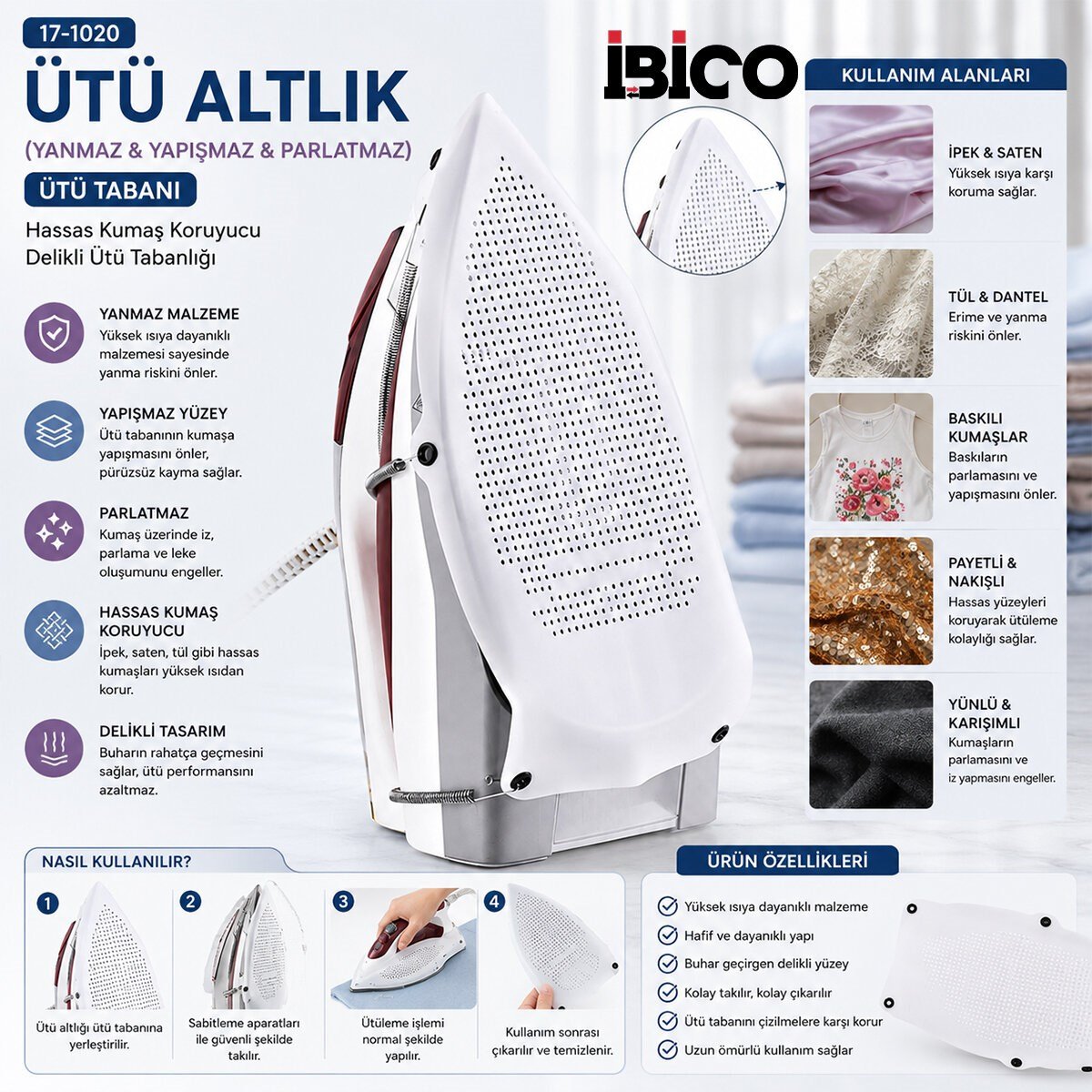 DURABLE NONSTİCK ÜTÜ ALTLIK YANMAZ - YAPIŞMAZ - PARLATMAZ ÜTÜ TABANI (5293)