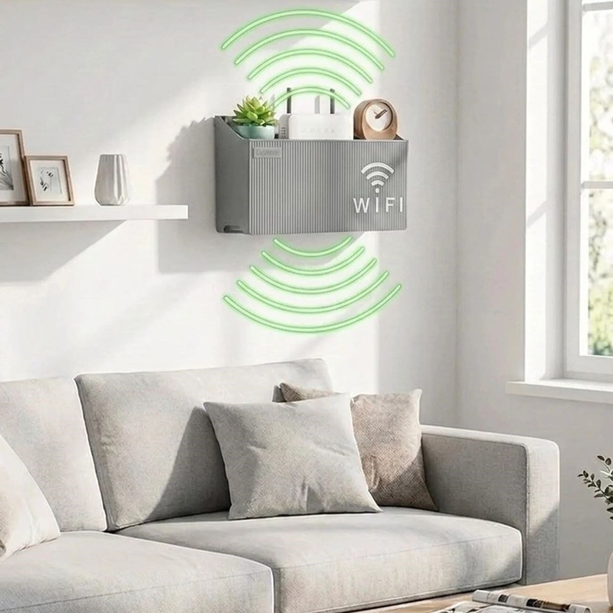 Duvar Tipi Wi-Fi Modem Saklama Kutusu(Gri) – Kablo Düzenleyici Router Raf Organizer (5293)