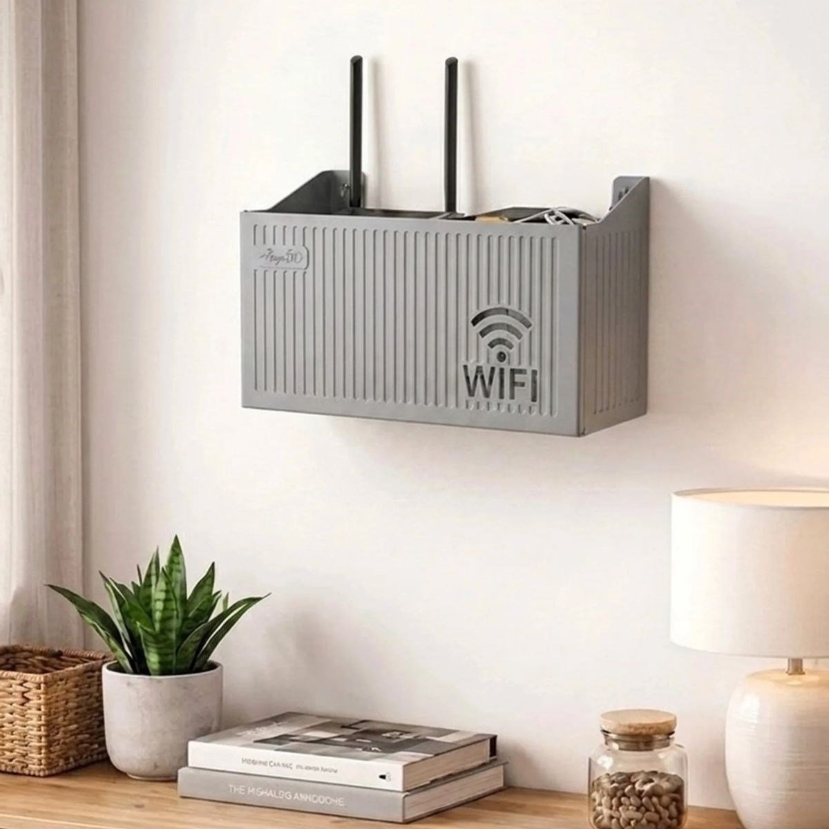 Duvar Tipi Wi-Fi Modem Saklama Kutusu(Gri) – Kablo Düzenleyici Router Raf Organizer (5293)