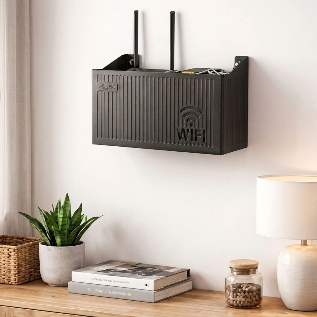Duvar Tipi Wi-Fi Modem Saklama Kutusu(Siyah) – Kablo Düzenleyici Router Raf Organizer (5293)