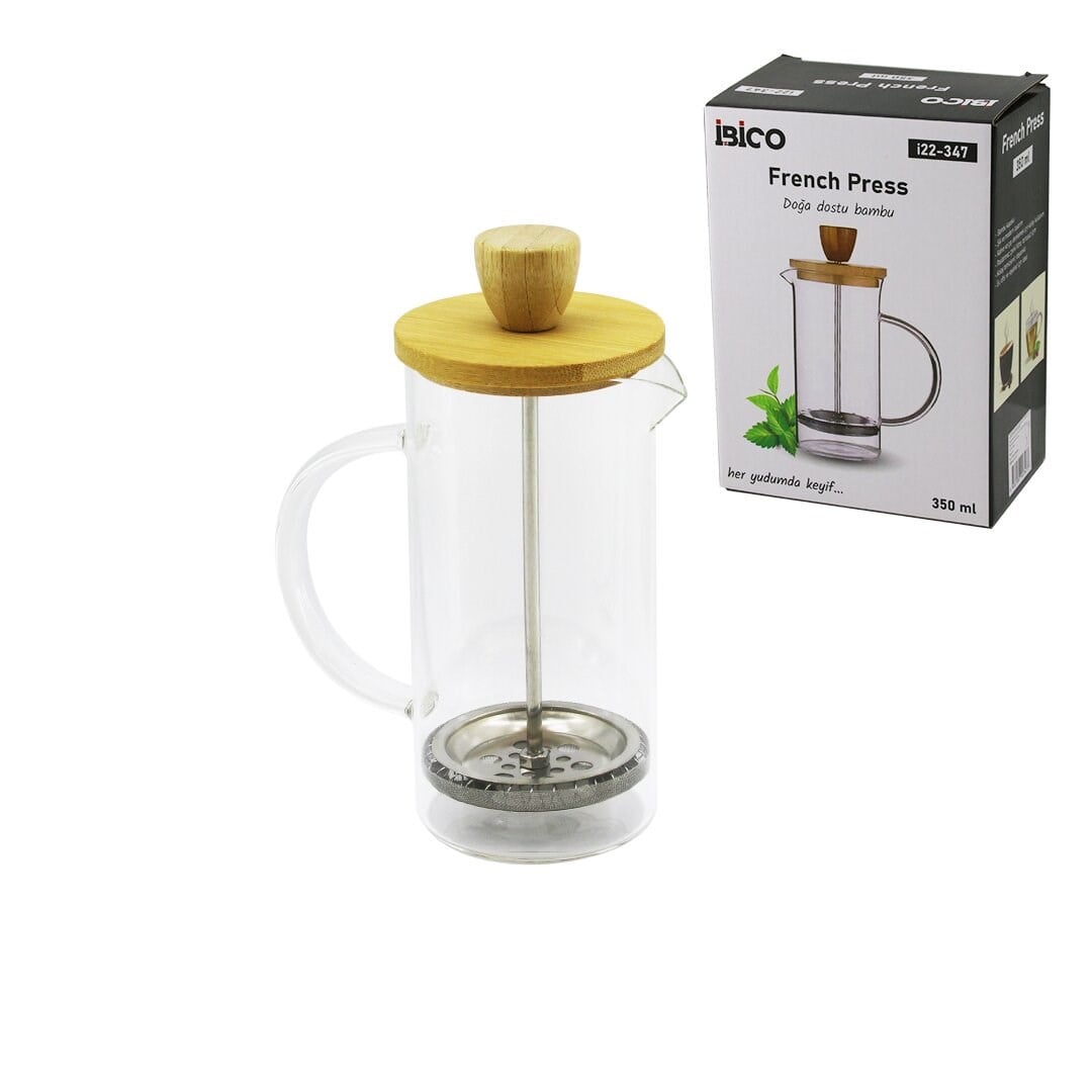 FRENCH PRESS BAMBU KAPAK 350ML CAM BİTKİ SÜZGEÇİ (5293)