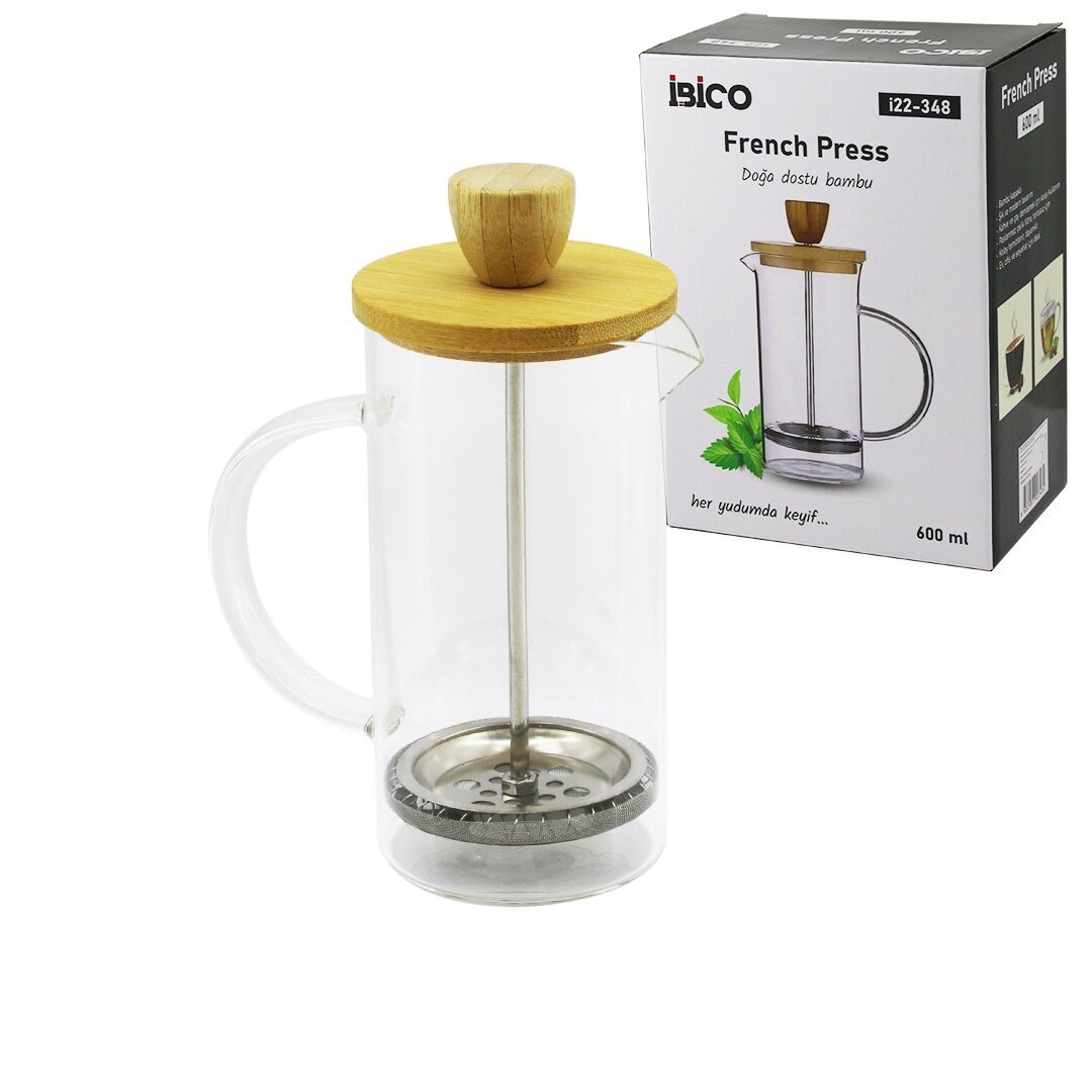 FRENCH PRESS BAMBU KAPAK 600ML CAM BİTKİ SÜZGEÇİ (5293)