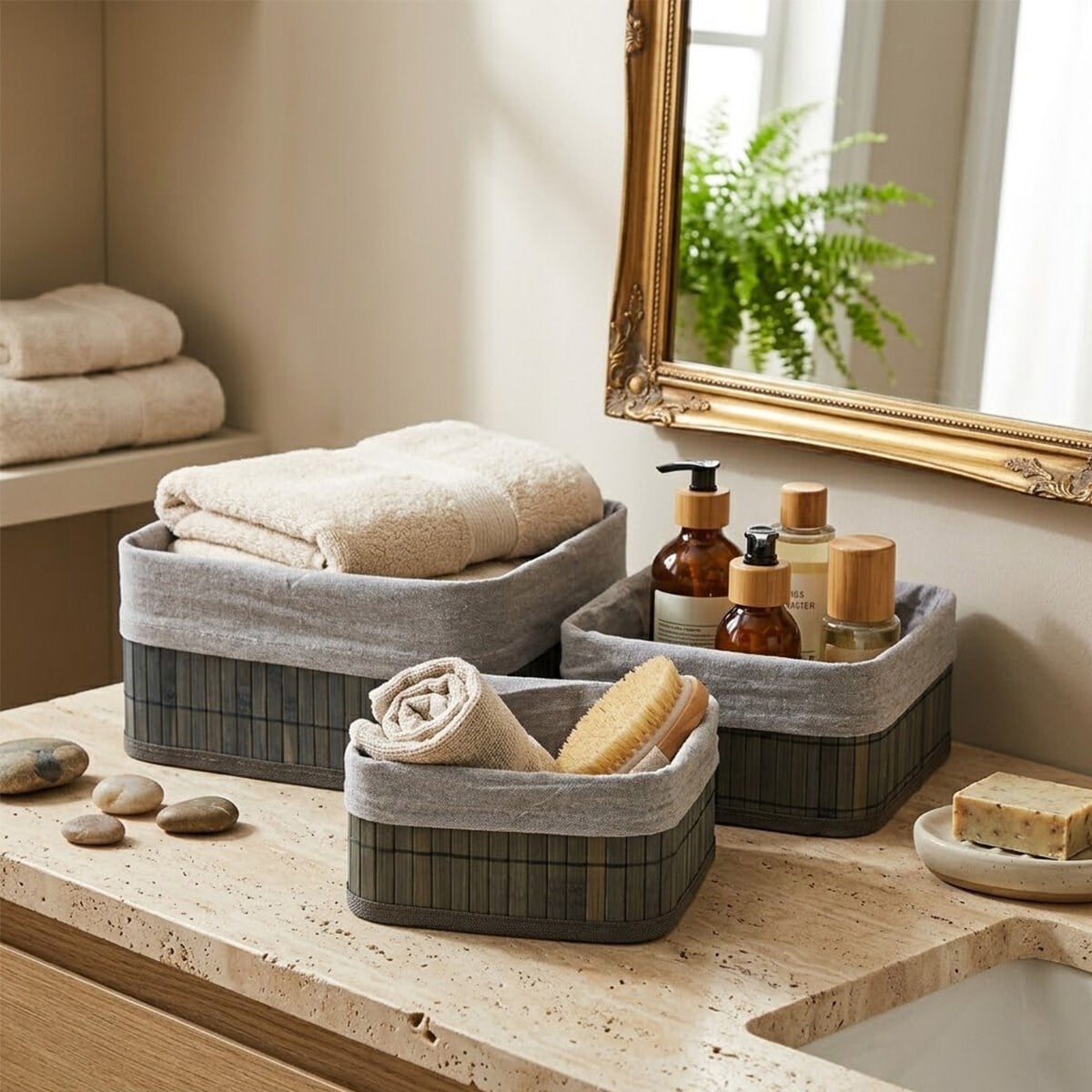 GRİ 3 BOY KARE BAMBU KENAR ORGANİZER SEPET AHŞAP ALTLIK - BEZLİ 17X21X25CM (5293)