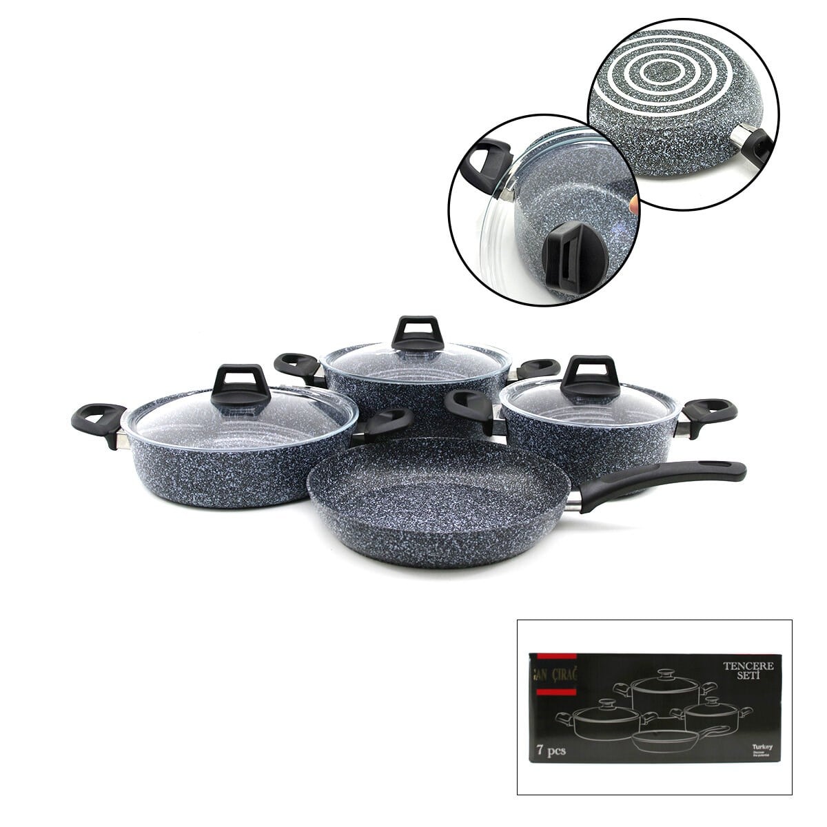 GRİ 7 PARÇA GRANİT TENCERE - TAVA SETİ 20-24CM DERİN - 27CM BASIK CAM KAPAK TENCERE - 26CM TAVA (5293)