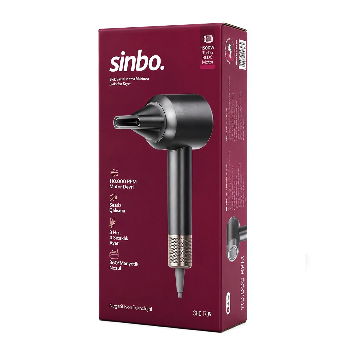 GRİ BLDC TURBO MOTOR SAÇ KURUTMA - ŞEKİL MAKİNESİ 1500W 3-KDM.HIZ 4-KDM.ISIAYAR=SICAK-ILIK-HAFİF-SOĞUK SHD-1739 (5293)