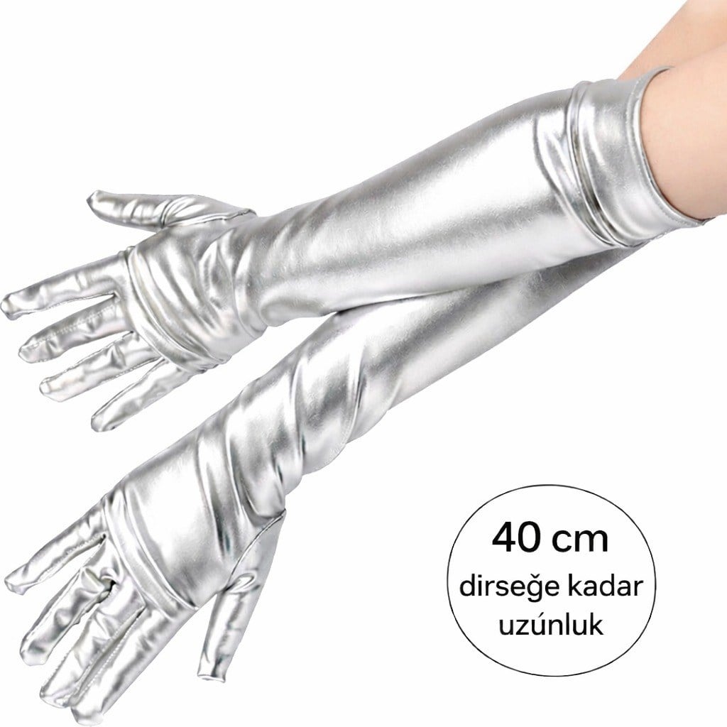 Gümüş Renk Dirsek Altı Lüks Saten Eldiven 40 cm (5293)