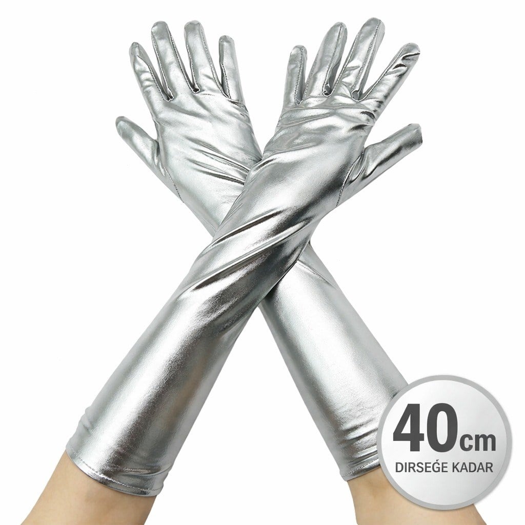Gümüş Renk Dirsek Altı Lüks Saten Eldiven 40 cm (5293)