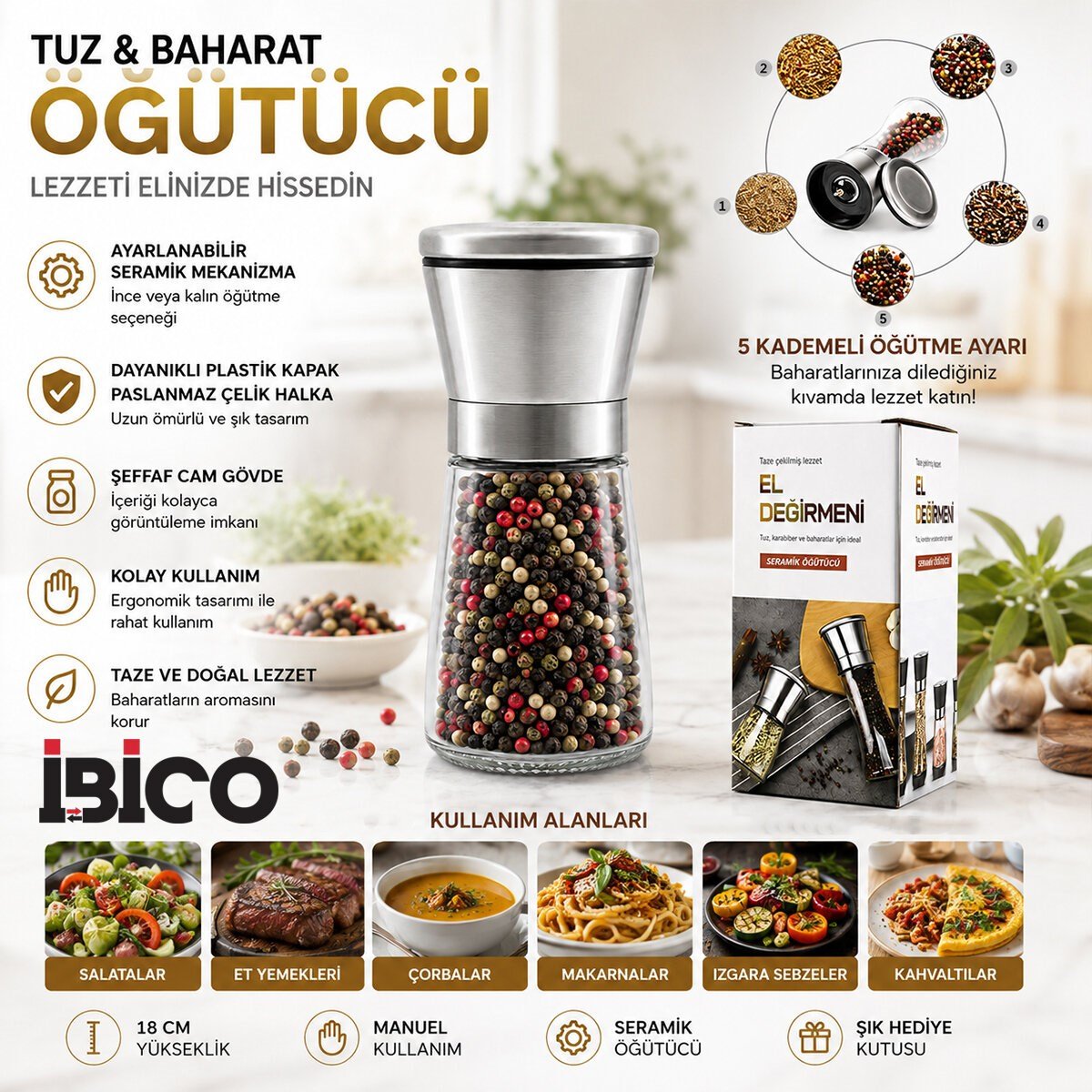 HAND GRINDER KÜÇÜK CAM HAZNELİ - KROM KAPLAMA PLS.KAPAKLI TUZ - BAHARAT ÖĞÜTÜCÜ İ22-411 (5293)